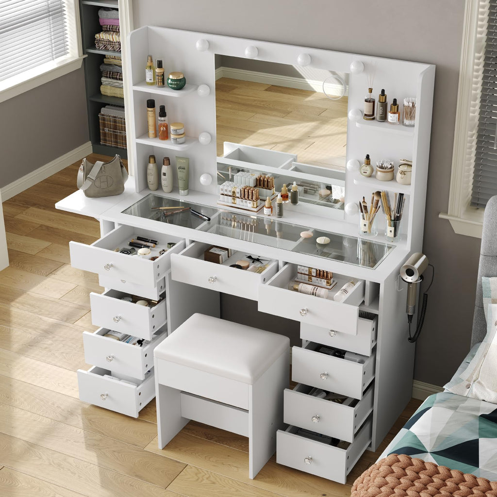 Vanity Desk with Mirror and 12 LED Lights, 11 Drawers & 4 Shelves L55613