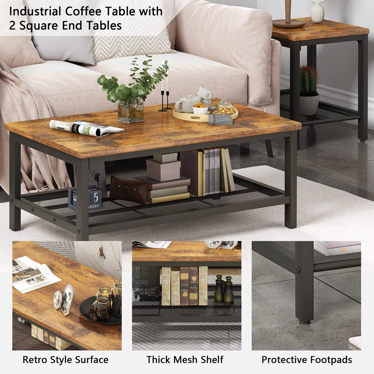 3 Pieces Coffee Table Set with 2 End Side Tables U518