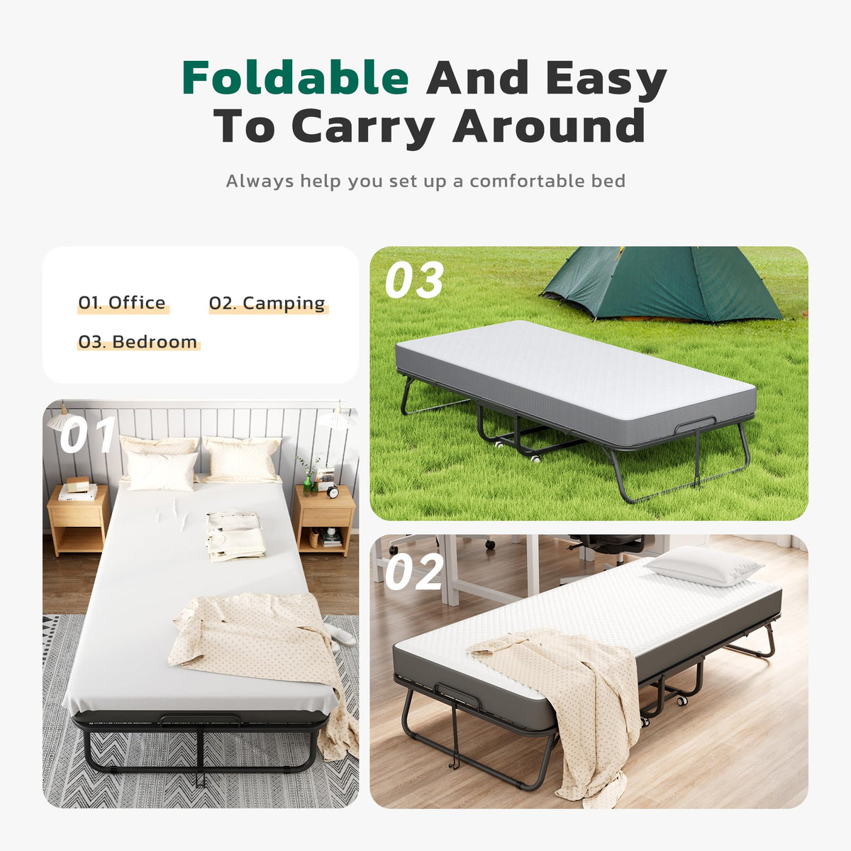 Folding Bed with Mattress Metal Frame Cot Size R781
