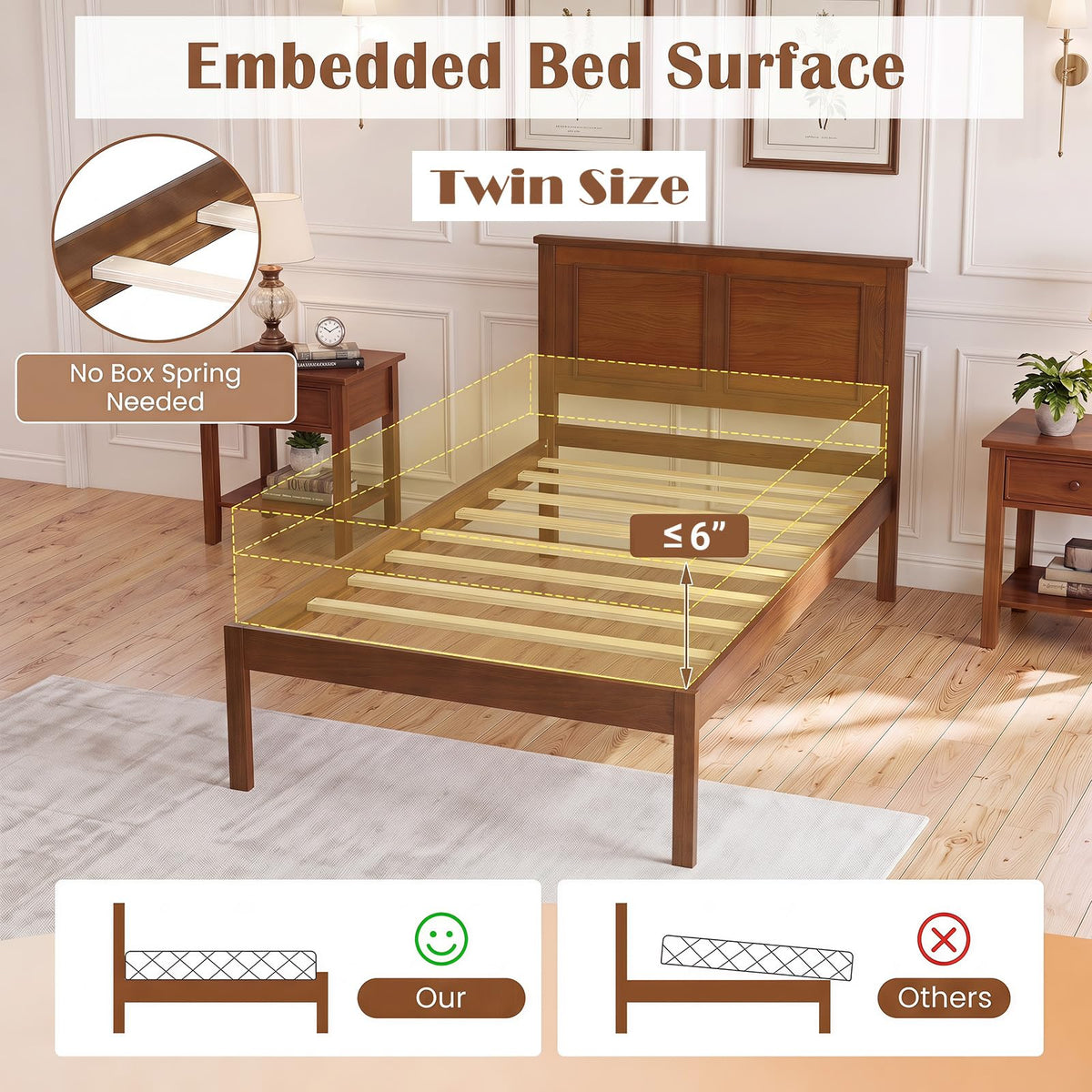 Twin Size Wooden Platform Bed with Headboard L3003