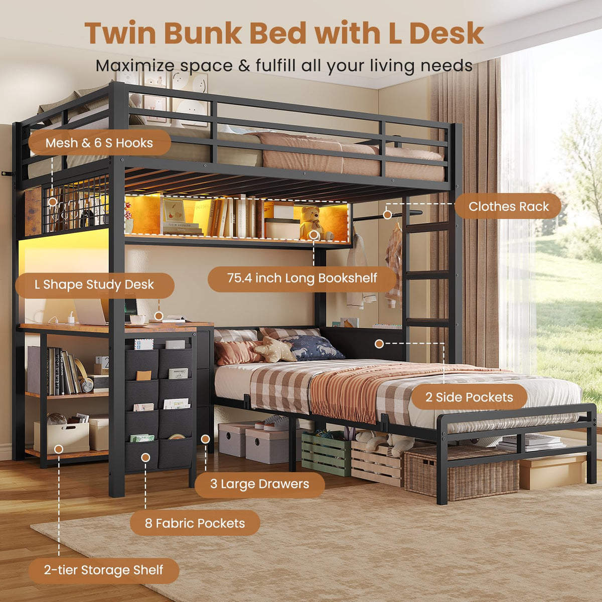 Twin Over Twin Bunk Bed with L Desk, Led Lights, Bookshelf, Storage Drawers & Charging Station, Black E258