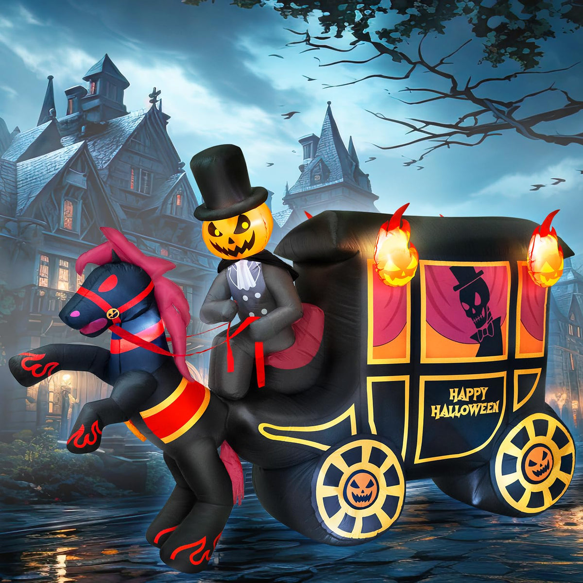 10FT Halloween Inflatable Pumpkin-Headed Horse Carriage with LED Light J53936