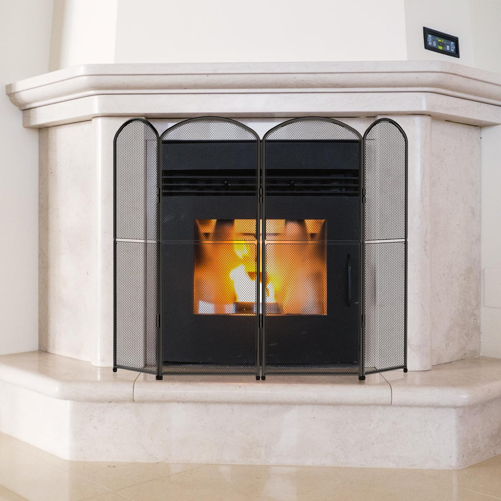 Black 4 Panel Metal Foldable Fireplace Screen M2261