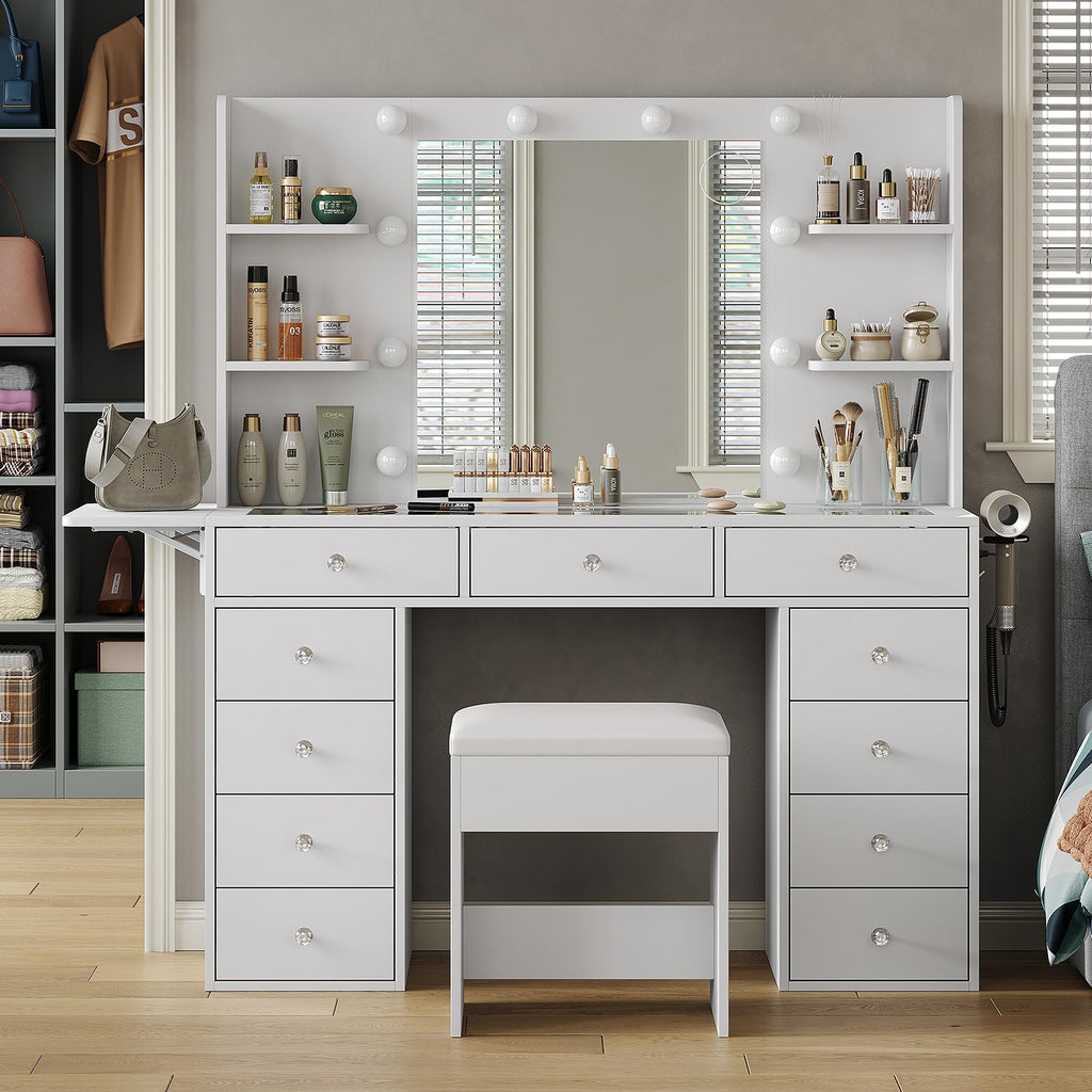 Vanity Desk with Mirror and 12 LED Lights, 11 Drawers & 4 Shelves L55613