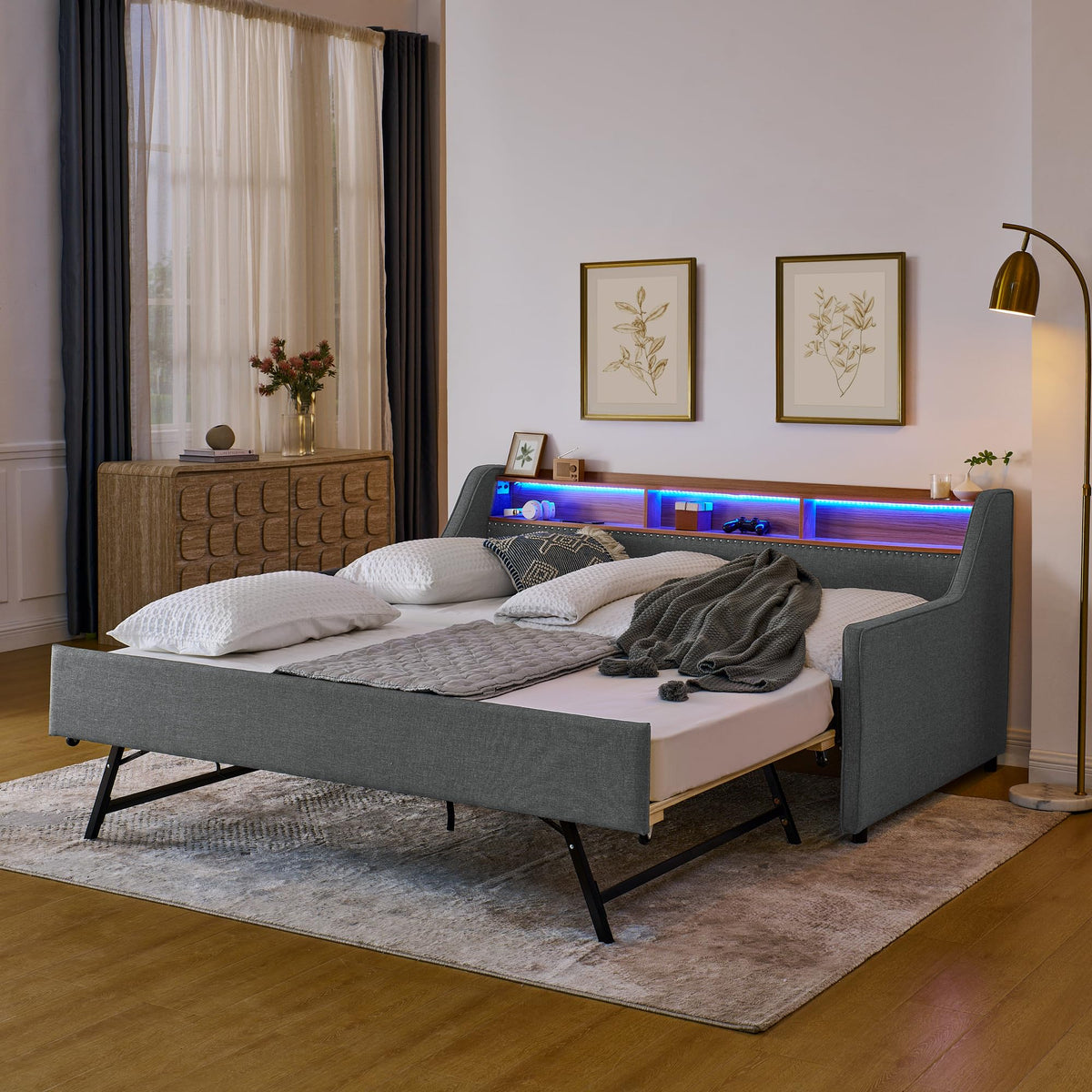 Twin Linen Upholstered Daybed with Pop Up Trundle F7141