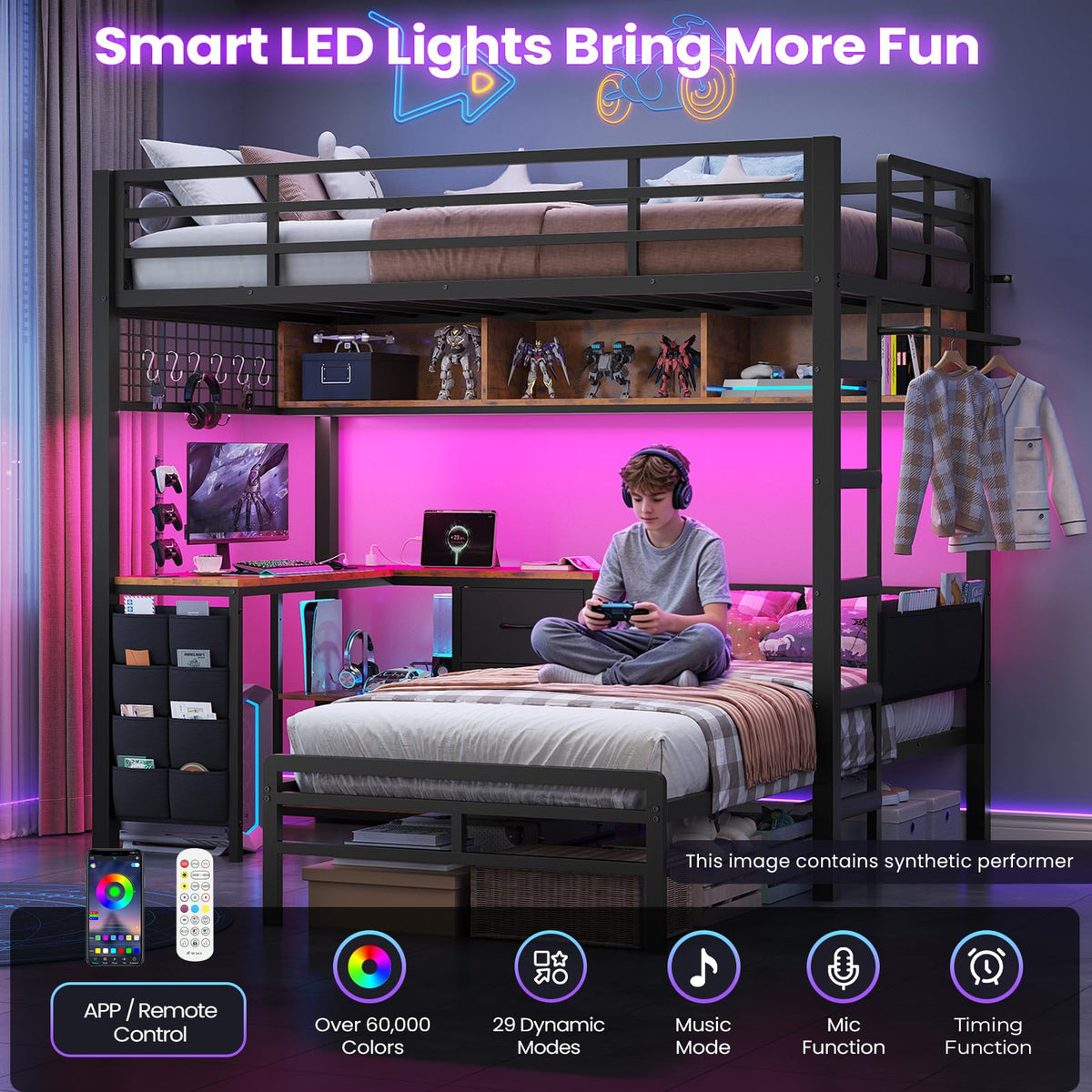 Twin Over Twin Bunk Bed with L Desk, Led Lights, Bookshelf, Storage Drawers & Charging Station, Black E258
