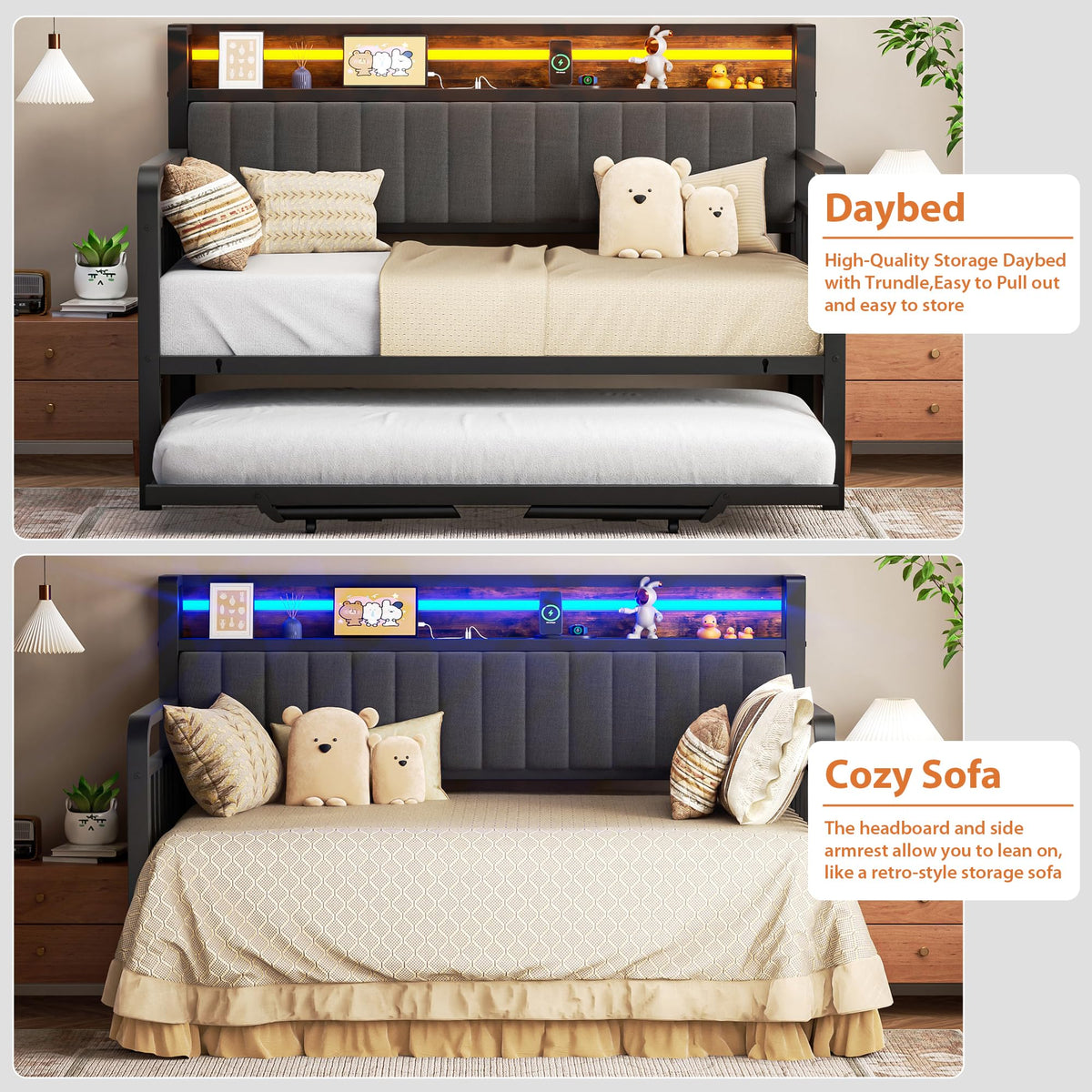 Brown Metal Daybed with Trundle and Storage Headboard S854
