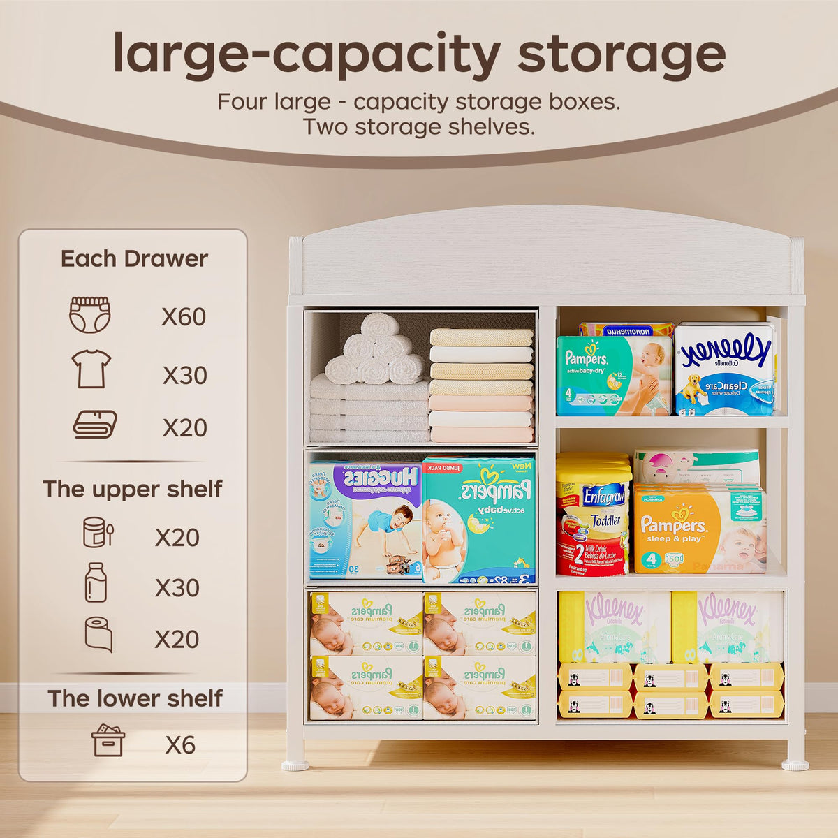 White Baby Changing Table with 4 Drawers and 2 Shelves N31745