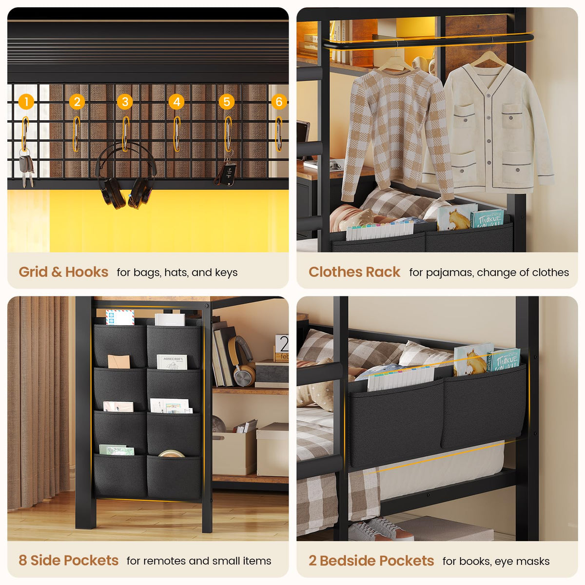 Twin Over Twin Bunk Bed with L Desk, Led Lights, Bookshelf, Storage Drawers & Charging Station, Black E258