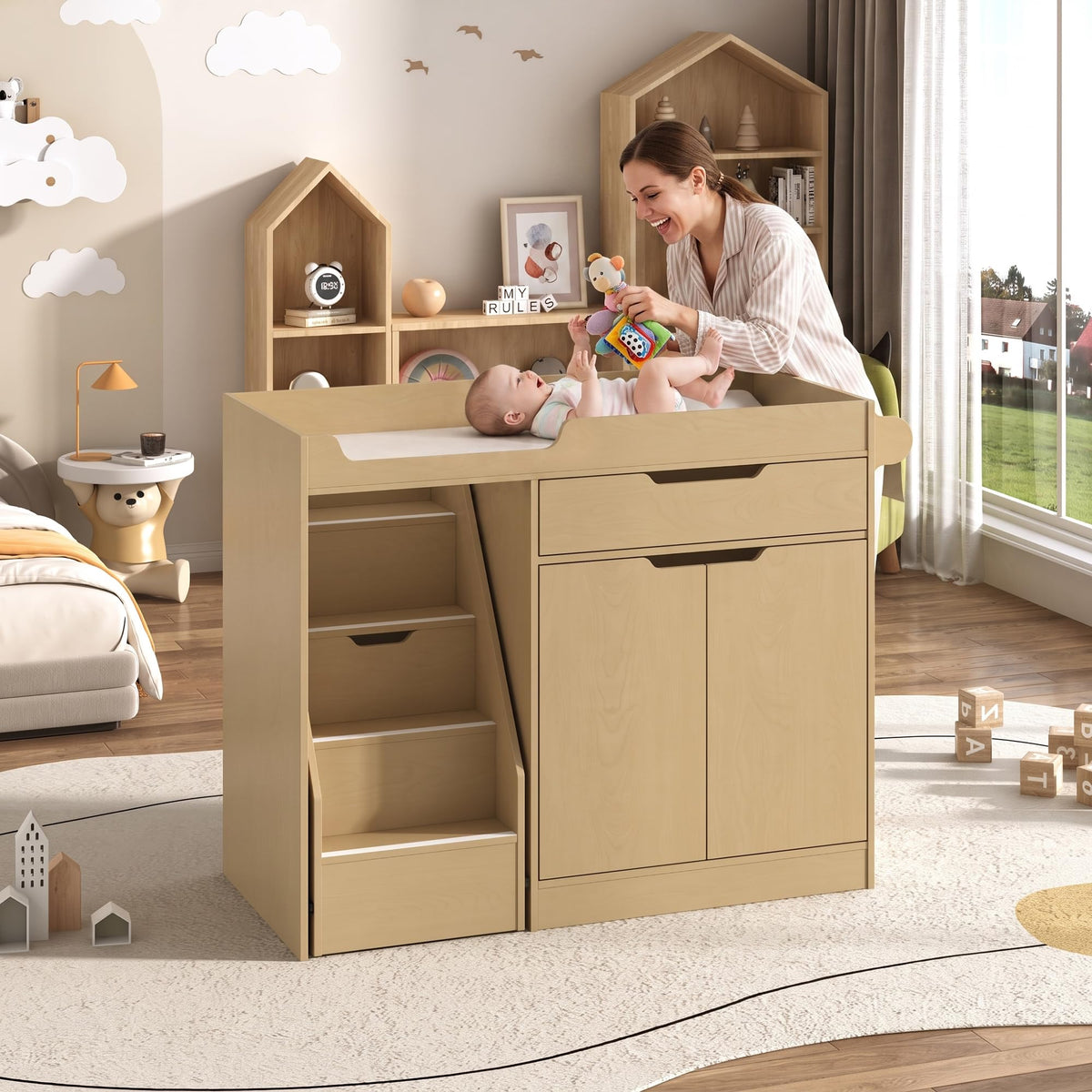 Oak Baby Changing Table with Drawers and Stairs E2164
