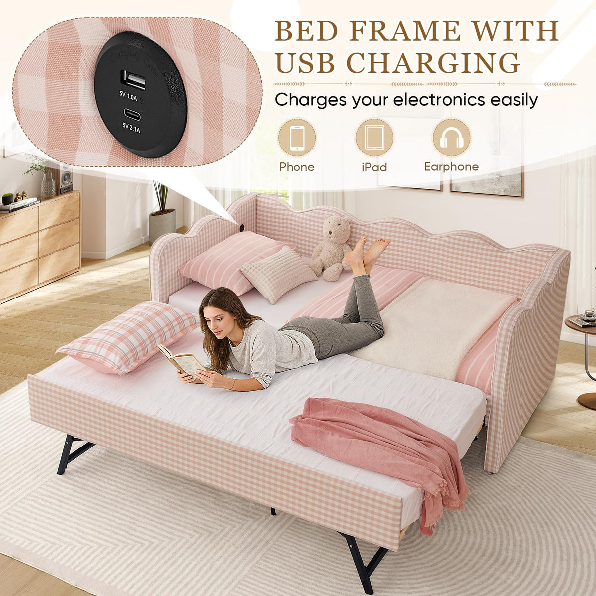 Twin Size Upholstered Daybed with Trundle V7313