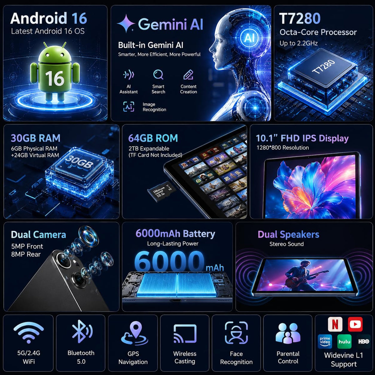 Black 10.1 inch Android 16 Tablet with Keyboard T2921