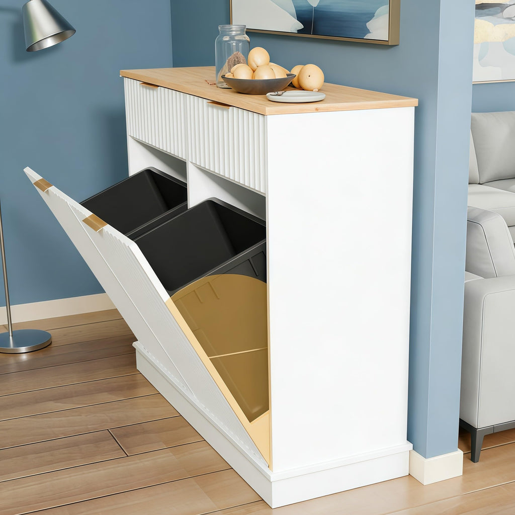 20 Gallon Double Tilt-Out White Trash Can Cabinet with Storage Drawers B884754