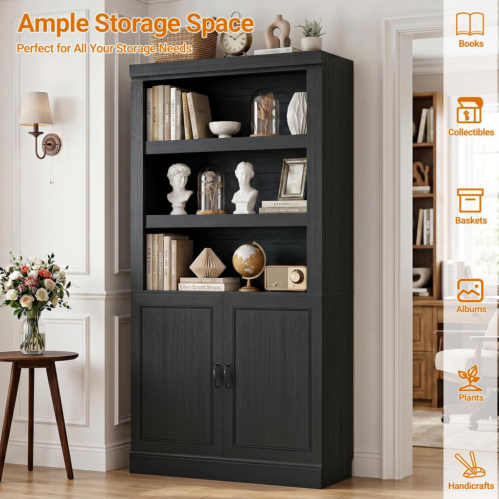71" Tall Black Bookshelf with Doors and Adjustable Shelves J4265