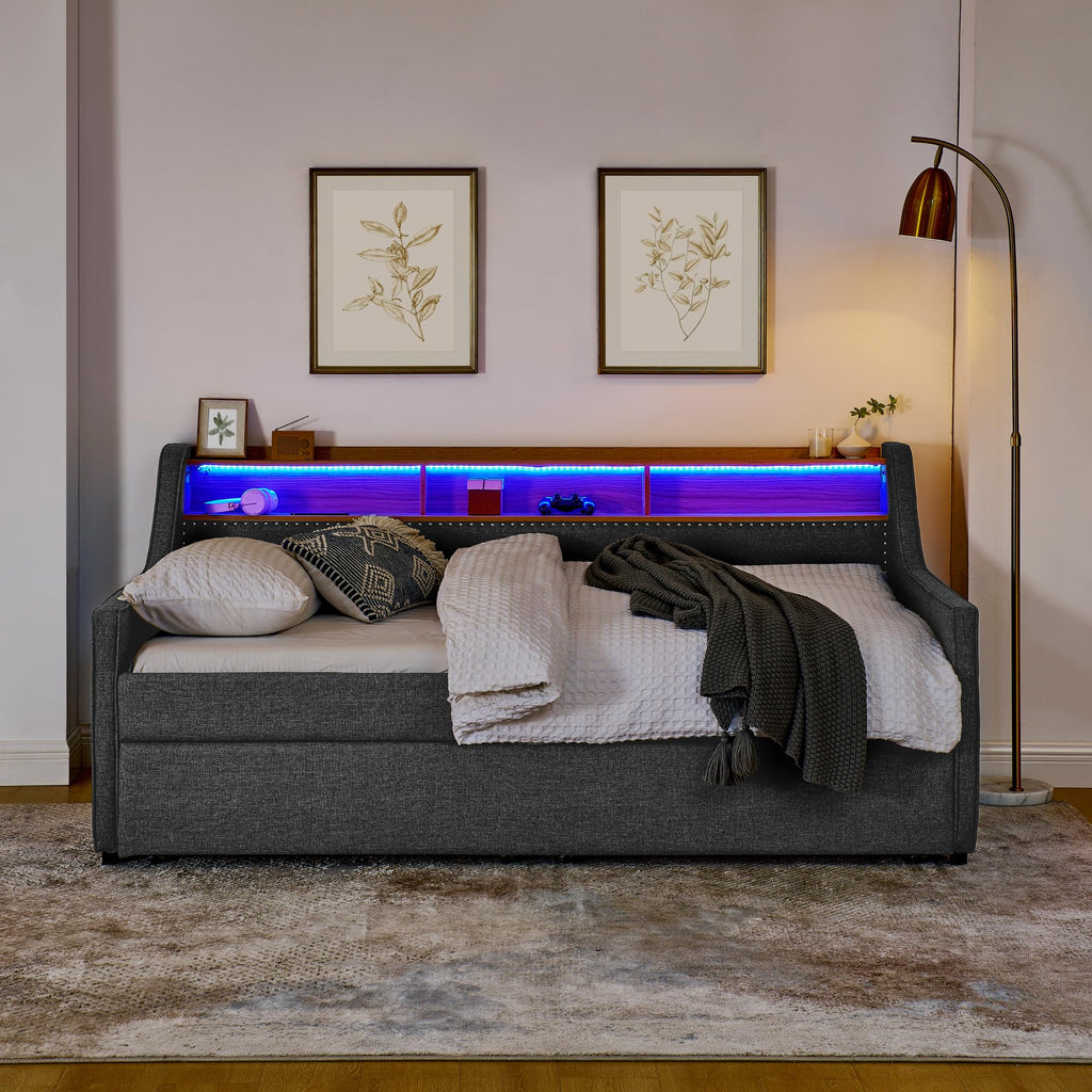 Twin Linen Upholstered Daybed with Pop Up Trundle F7141