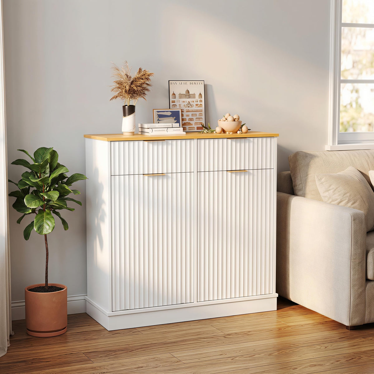 20 Gallon Double Tilt-Out White Trash Can Cabinet with Storage Drawers B884754