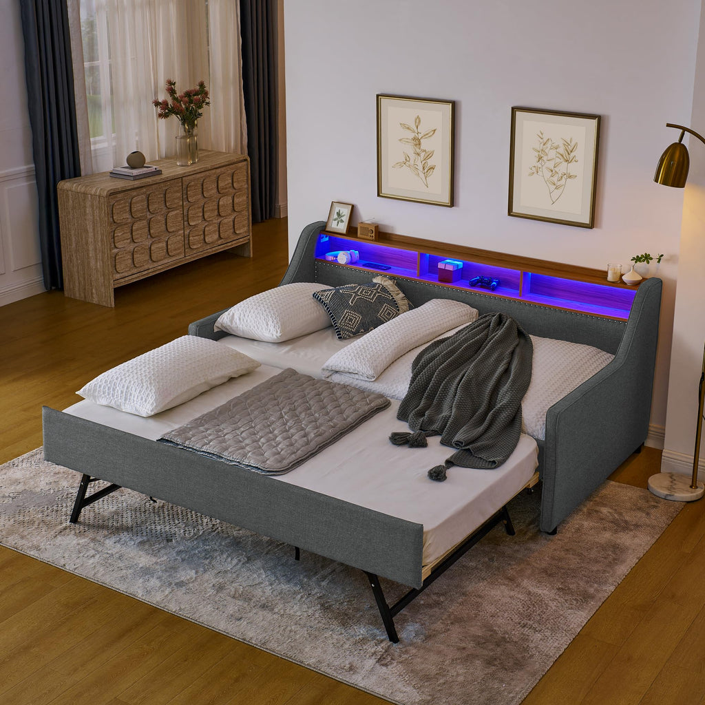 Twin Linen Upholstered Daybed with Pop Up Trundle F7141