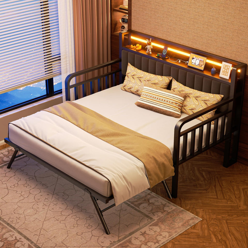 Brown Metal Daybed with Trundle and Storage Headboard S854