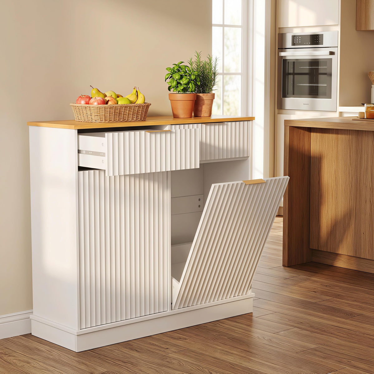 20 Gallon Double Tilt-Out White Trash Can Cabinet with Storage Drawers B884754