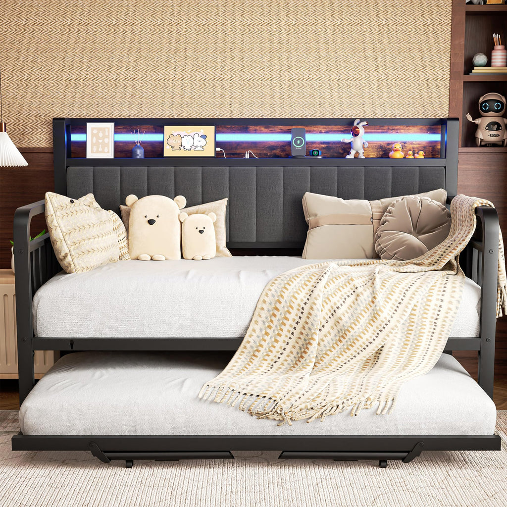 Brown Metal Daybed with Trundle and Storage Headboard S854