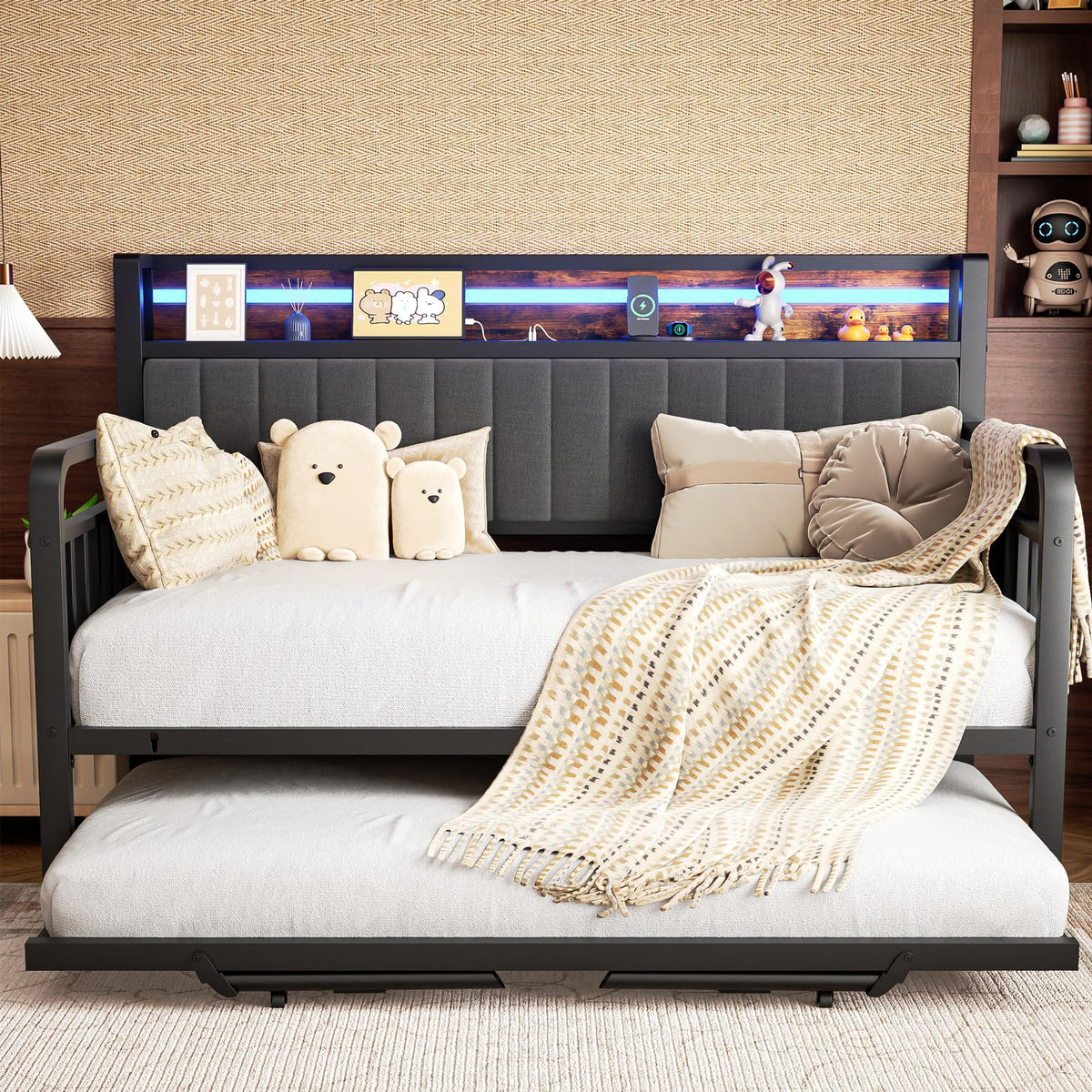 Brown Metal Daybed with Trundle and Storage Headboard S854