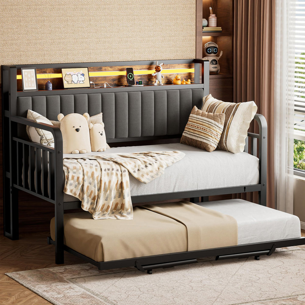Brown Metal Daybed with Trundle and Storage Headboard S854