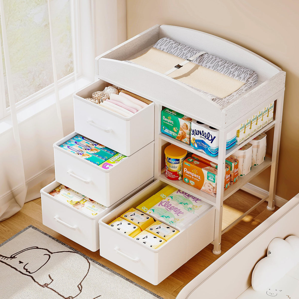 White Baby Changing Table with 4 Drawers and 2 Shelves N31745