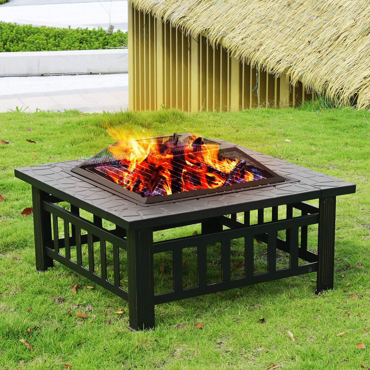 32'' Black Metal Square Wood Burning Fire Pit with Spark Screen Cover, Log Grate, Poker C96369